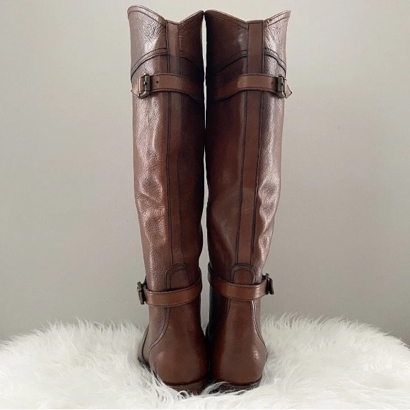 FRYE Dorado Tall Cognac Brown Leather Harness Buckle Riding Knee Boots Shoes 6 - Picture 8 of 16